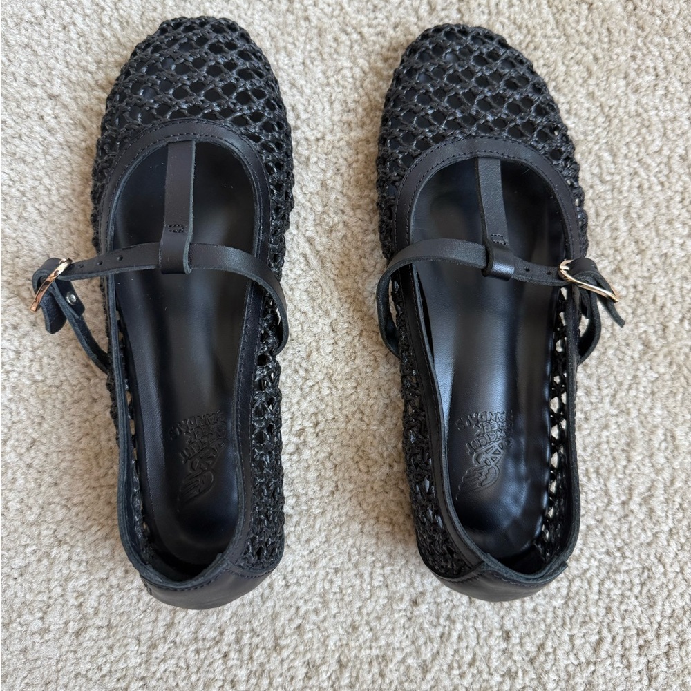 Ancient Greek Sandals Aerati leather-trimmed woven raffia ballet flats